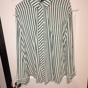Jane and Delancey Green and White Striped Button Down Shirt